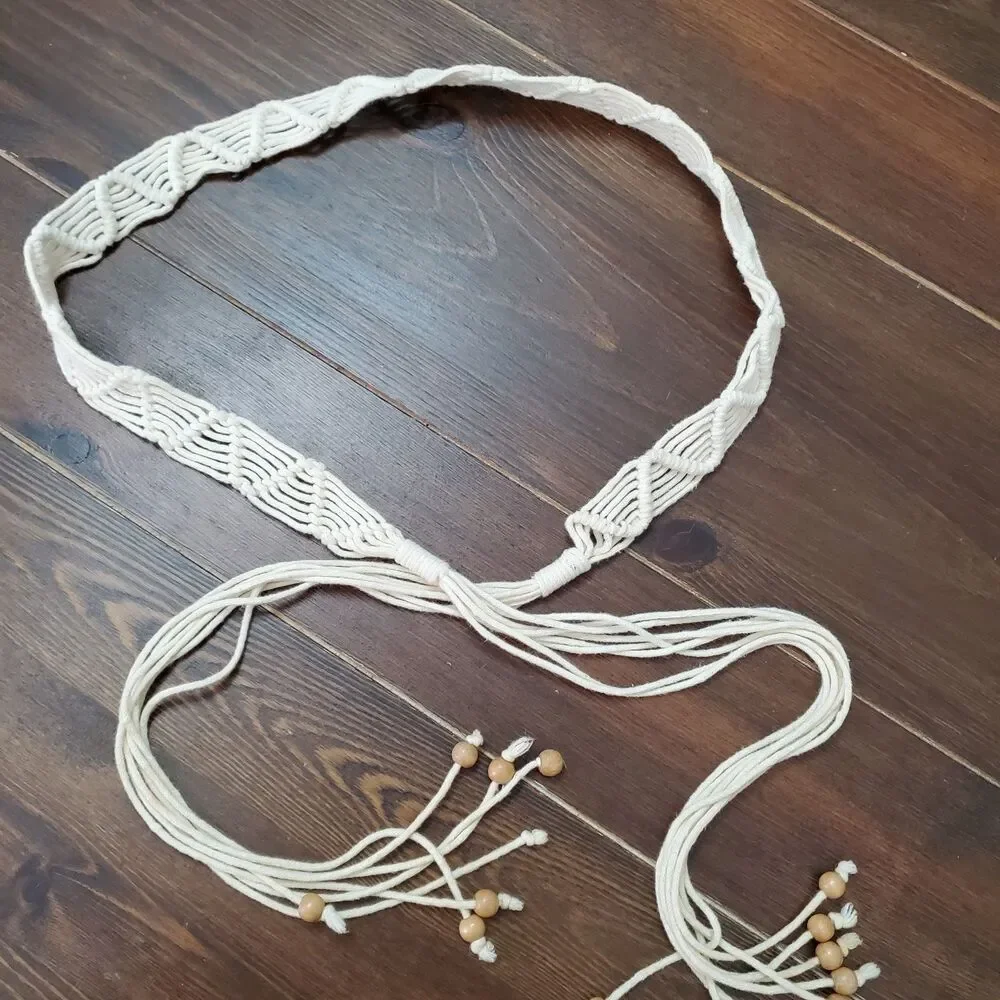 Vintage Macrame Belt Cream Cotton Ties Beads Fringe 30-32